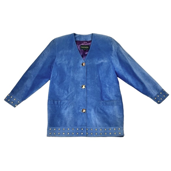 Vintage 90’s Danier Canada Blue Suede Leather Studded Blazer Jacket - Picture 9 of 9